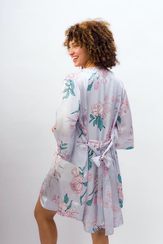 Short Silk Floral Kimono Robe
